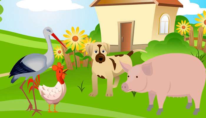 Петух, аист, пес и свинья спорят, где край земли, рисунок иллюстрация