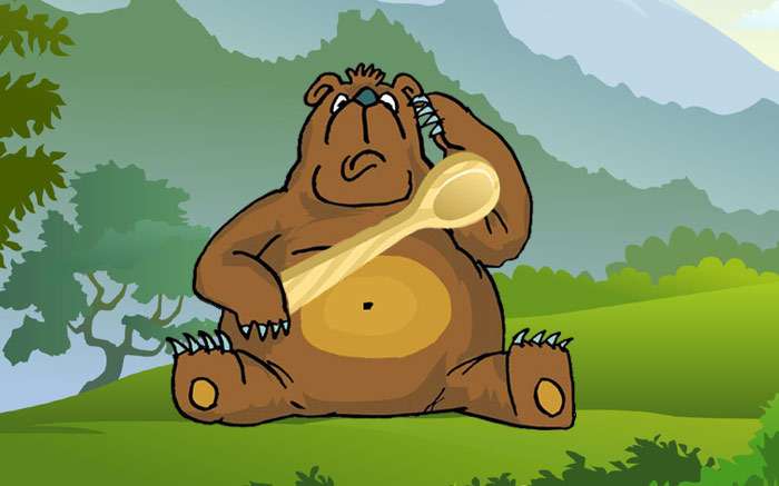 Медведь думает, как есть кашу большой ложкой, рисунок иллюстрация
