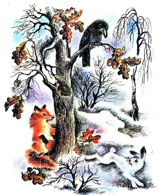 Лисица, охотник и ворон охотятся за зайчиком, рисунок иллюстрация