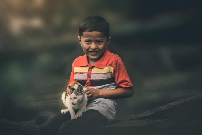 Мальчик с котенком на руках, фото фотография