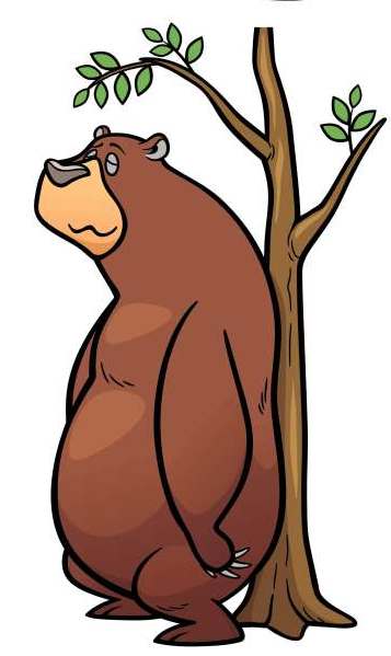 Медведь чешет спину о дерево, рисунок иллюстрация картинка