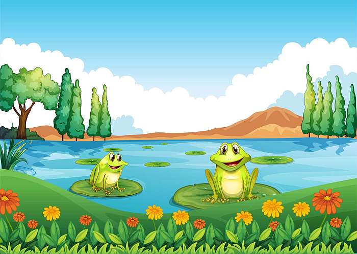 Веселые лягушата на озере, рисунок иллюстрация