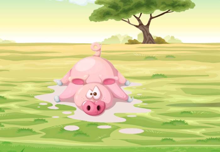Поросенок свинья валяется в грязи, рисунок иллюстрация
