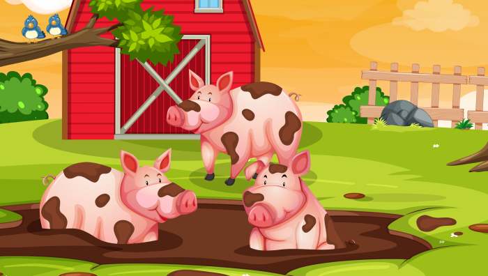 Три свиньи поросёнка купаются в грязи, рисунок иллюстрация