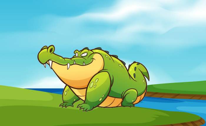 Крокодил на берегу реки, рисунок иллюстрация