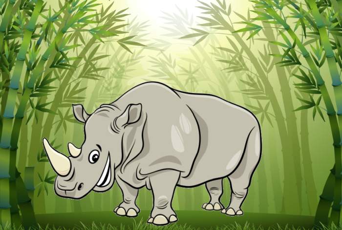 Добрый носорог в лесу, рисунок иллюстрация