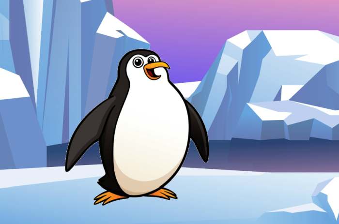 Пингвин среди снегов и льда, рисунок иллюстрация