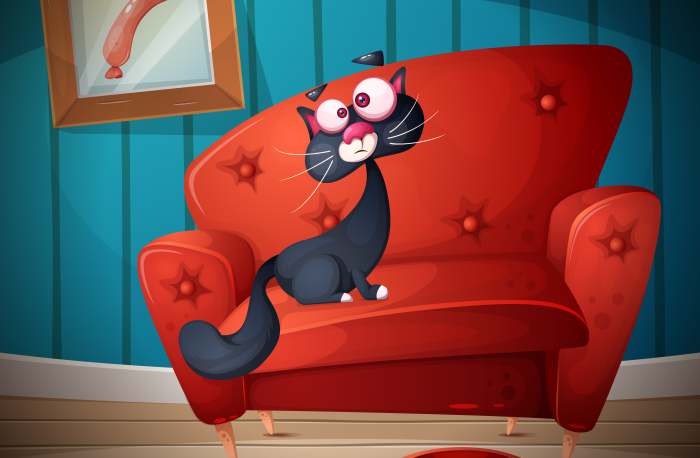 Черный кот сидит на красном кресле, рисунок картинка