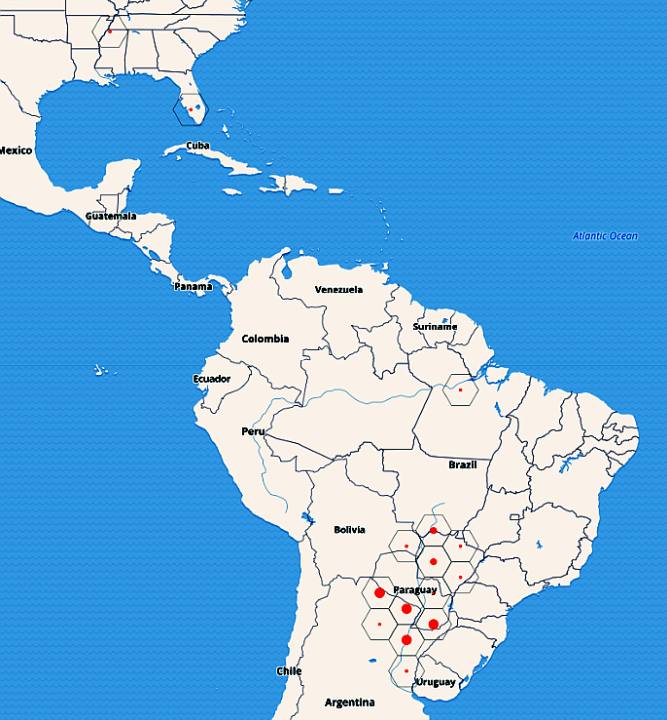 Парагвайская анаконда (Eunectes notaeus), карта ареала вида