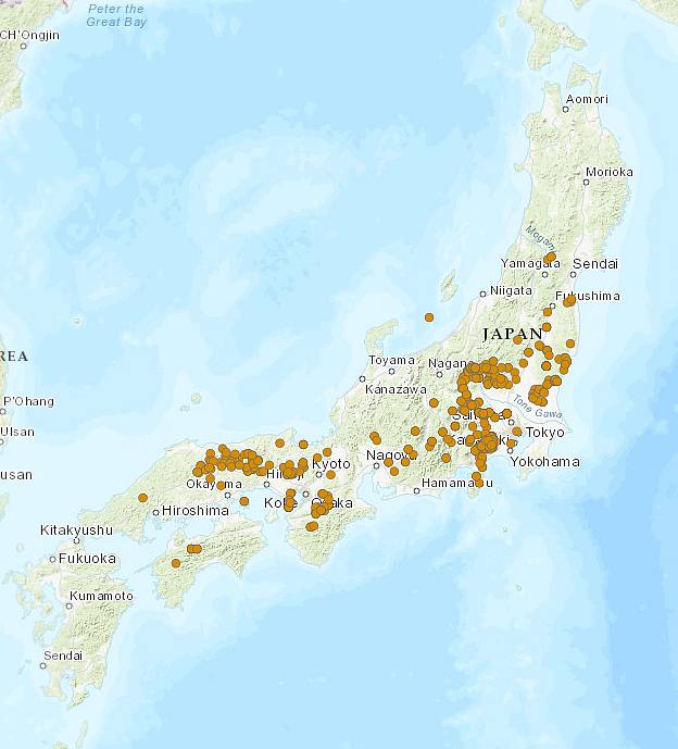 Бук японский (Fagus japonica), карта ареал распространение деревья