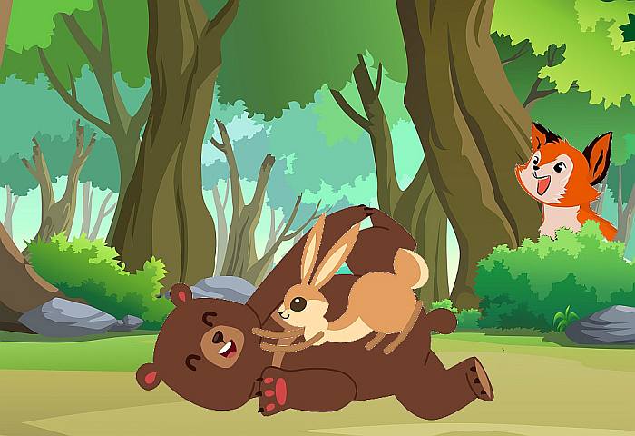 Зайчонок Куцый Хвост и медвежонок Сладка Лапа борются на лужайне, рисунок картинка иллюстрация