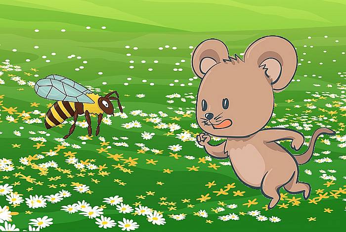 Мышонок просит у пчелы помочь ему, как добраться до дома, рисунок картинка иллюстрация
