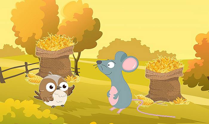 Мышь и воробей делят урожай, рисунок картинка иллюстрация