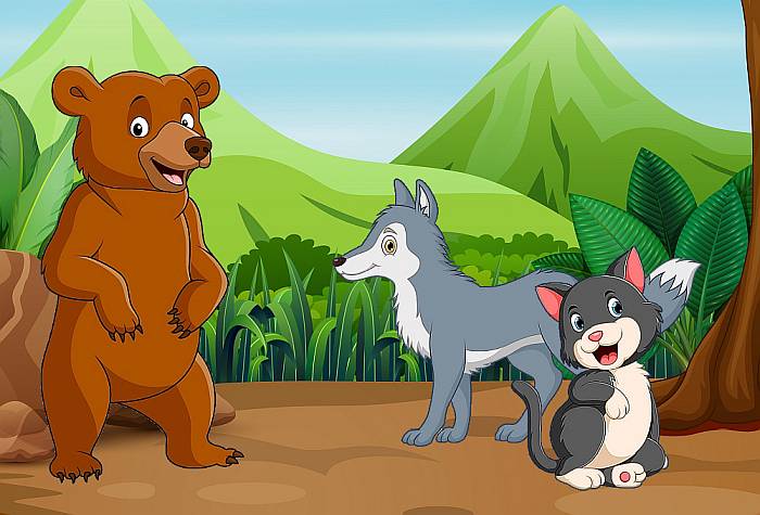 Кот и волк разговаривают с медведем, рисунок картинка иллюстрация