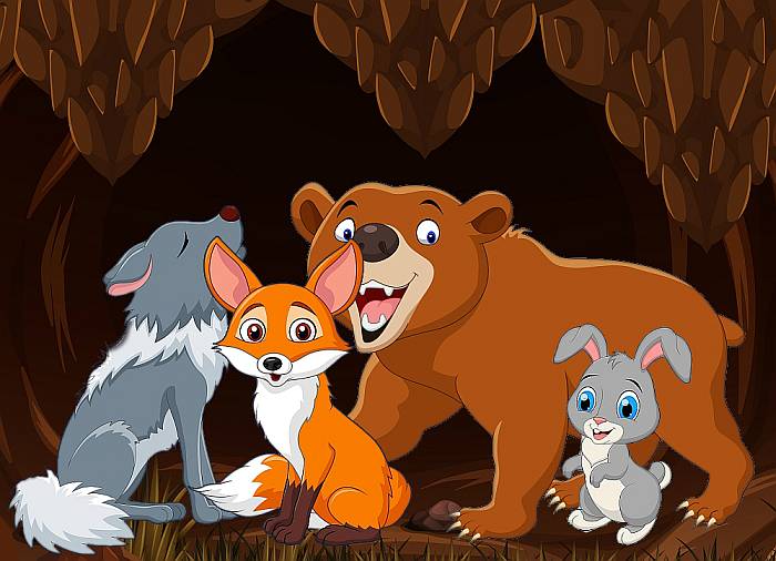 Волк, медведь, заяц и лиса сидят в яме, рисунок картинка иллюстрация