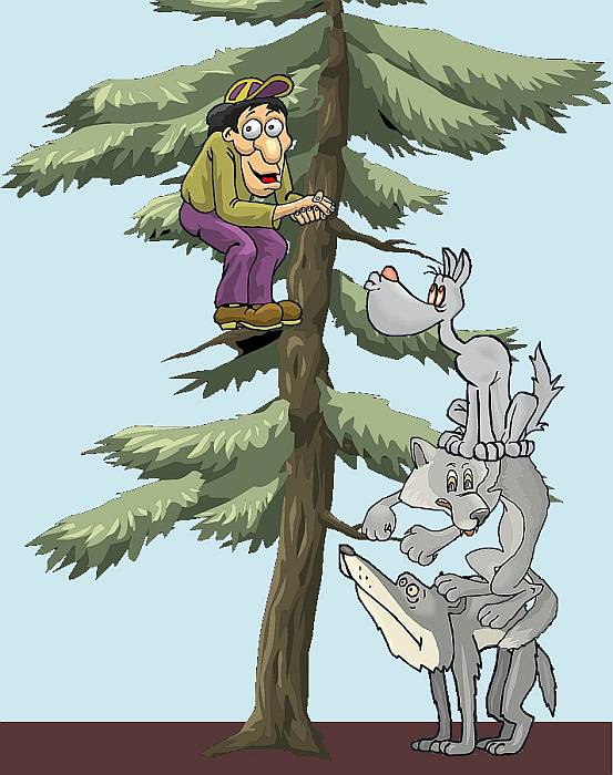 Крестьянин спасается от волков на дереве, рисунок картинка иллюстрация