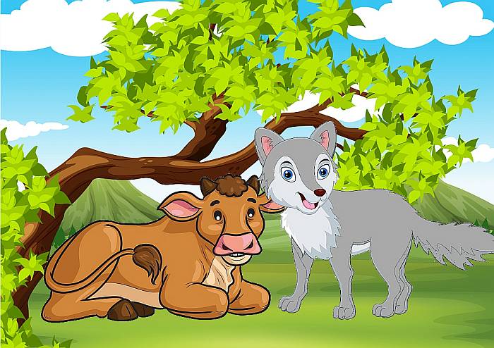 Волчонок и бычок подружились, рисунок иллюстрация картинка