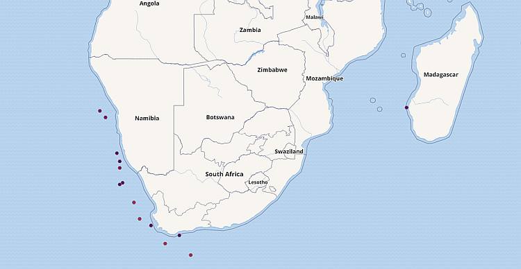 Намибийская мерлуза, или южноафриканская глубоководная мерлуза (Merluccius paradoxus), ареал карта схема распространения