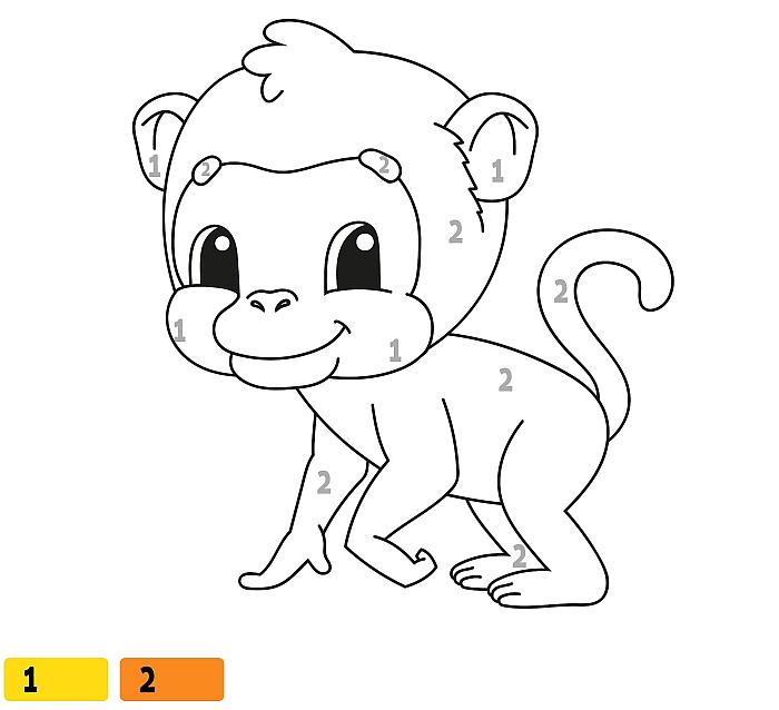 Раскраска по цифрам для детей малышей 3-5 лет, веселая обезьянка