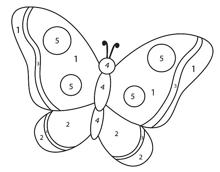 Раскраска по цифрам для детей малышей 3-5 лет, бабочка