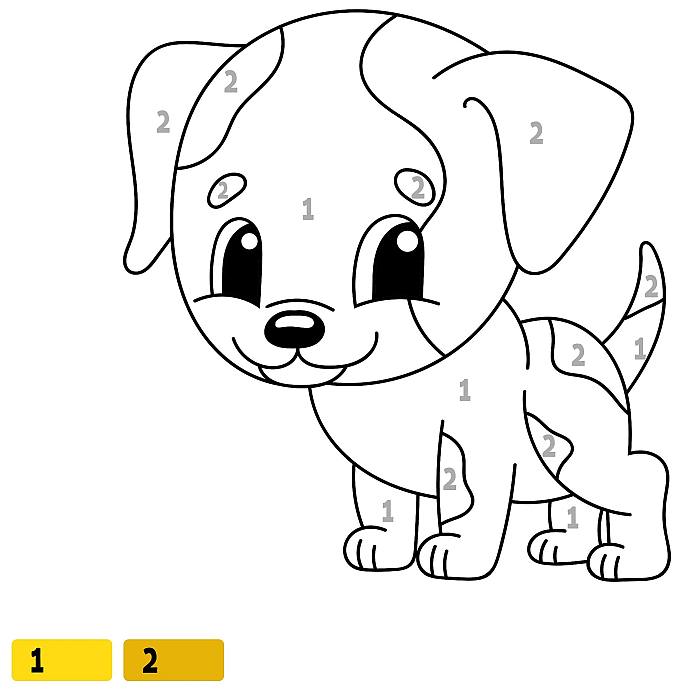 Раскраска по цифрам для детей ребят 3-5 лет, собака щенок собачка