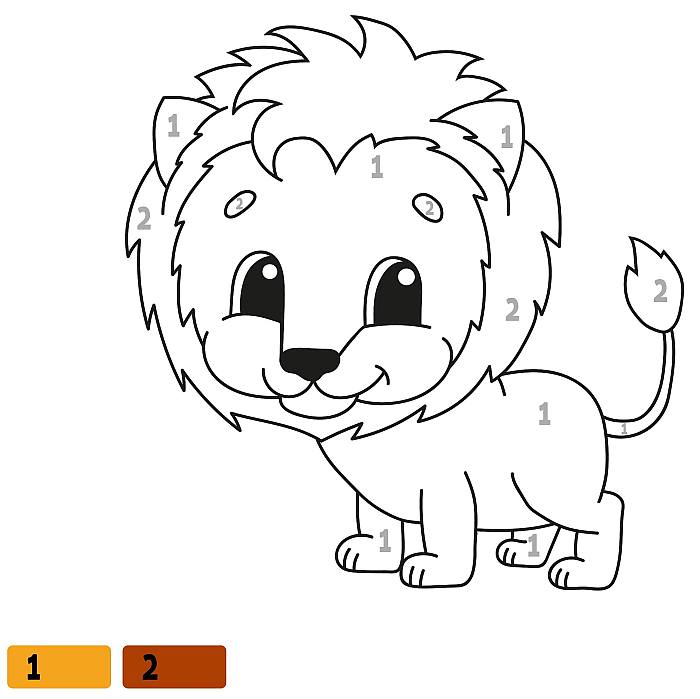 Раскраска по цифрам для детей малышей 3-5 лет, лев
