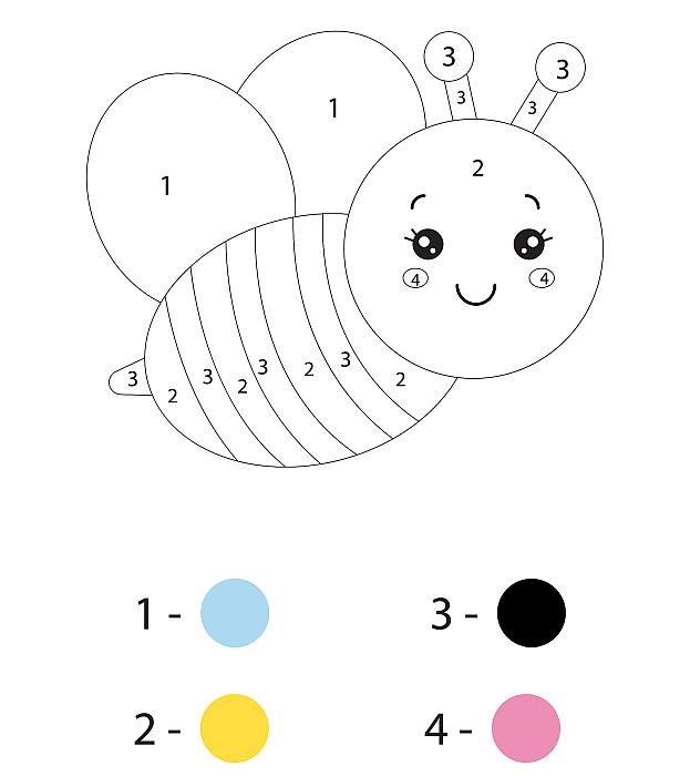 Раскраска по цифрам для детей ребят 3-5 лет, пчела пчелка