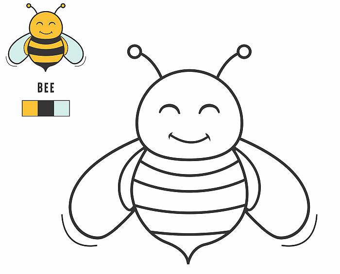 Цветная раскраска с примером для детей малышей 4-5 лет, пчелка пчела