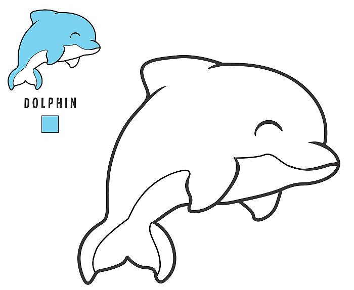 Цветная раскраска с примерами для детей малышей 4-5 лет, дельфин дельфинчик