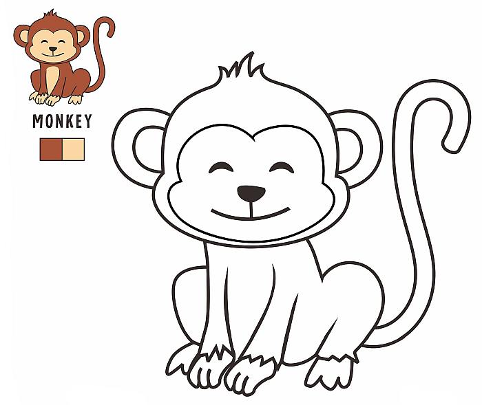 Цветная раскраска с примером раскрашивания для детей малышей 4-5 лет, обезьяна мартышка