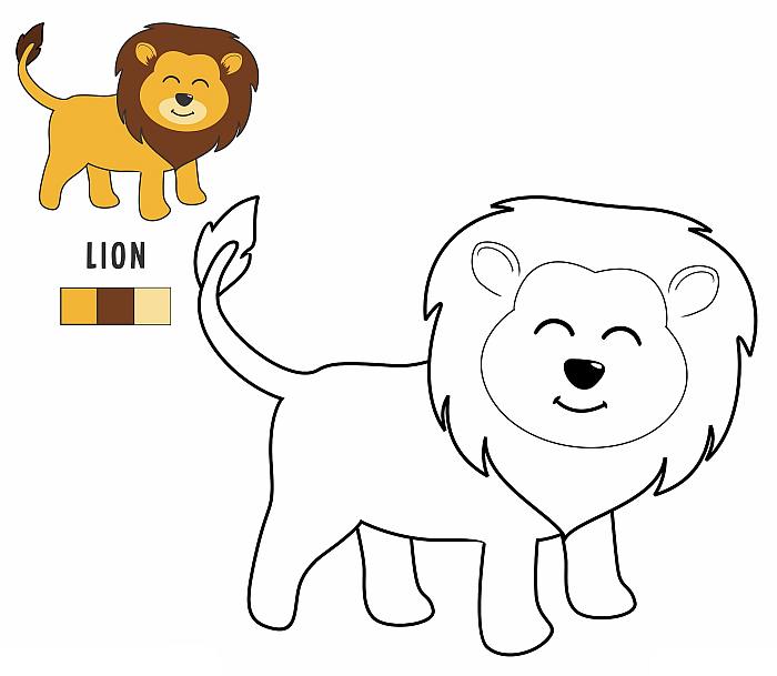 Цветная раскраска с примерами для детей малышей 4-5 лет, лев