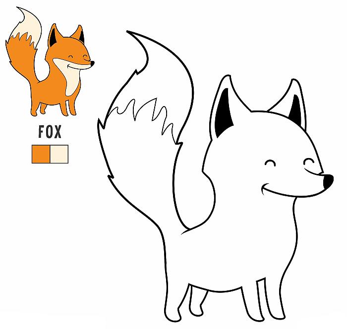 Цветная раскраска с примерами для детей малышей 4-5 лет, лиса лисичка лисица