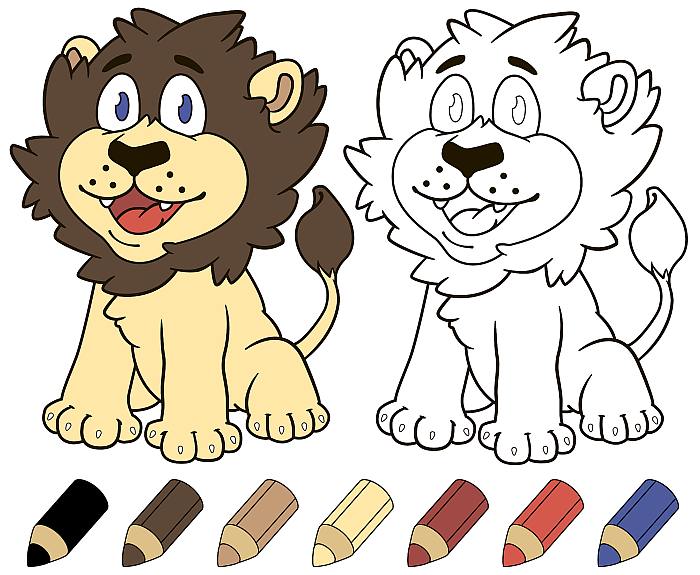Цветная раскраска с примером для детей малышей 5-7 лет, лев