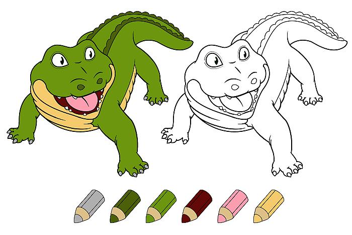 Цветная раскраска для детей малышей 5-7 лет, крокодил крокодильчик