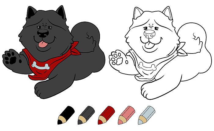 Цветная раскраска с примером раскрашивания для детей малышей 5-7 лет, песик собака