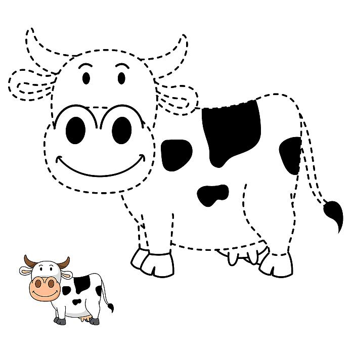 Раскраска Обведи по контуру и раскрась для ребят 5-7 лет, корова коровка