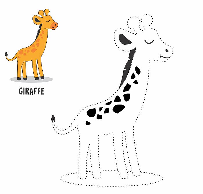 Раскраска Обведи по контуру и раскрась для ребят 5-7 лет, жираф жирафчик