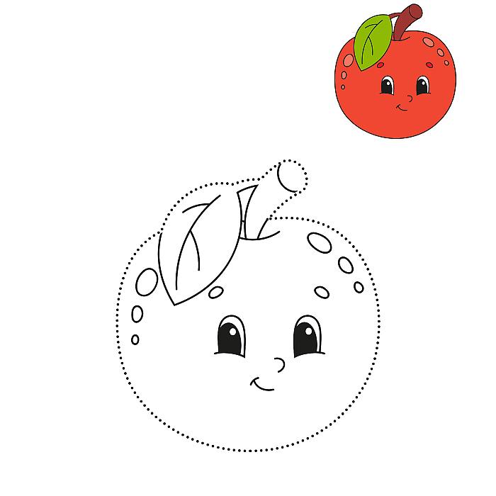 Раскраска Обведи по контуру и раскрась для ребят 4-6 лет, фрукт яблоко яблочко