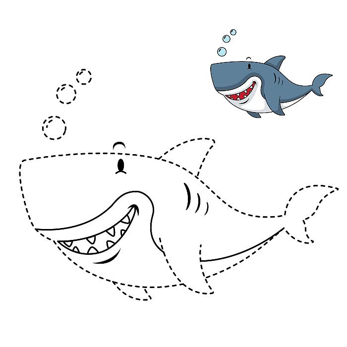 Цветная раскраска Обведи по контуру и раскрась для детей 4-6 лет, животное акула