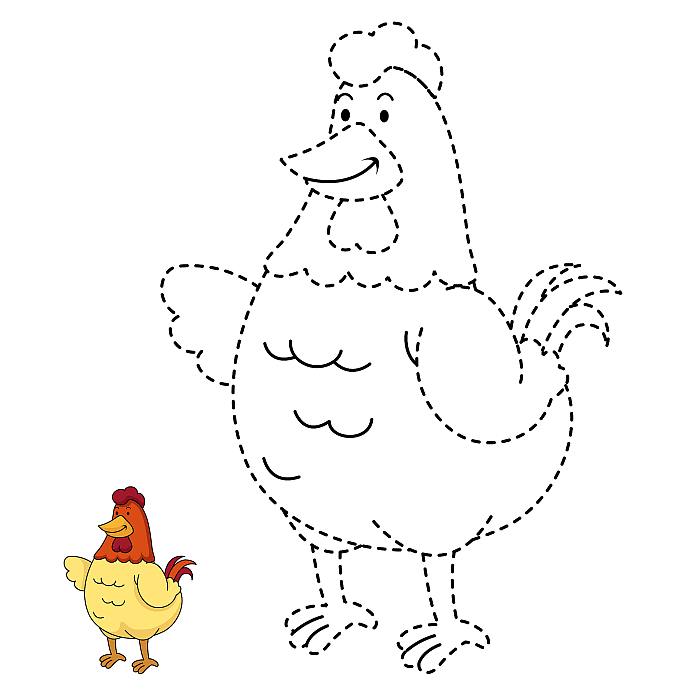 Раскраска Обведи точки и раскрась для детей 4-6 лет, птица курица