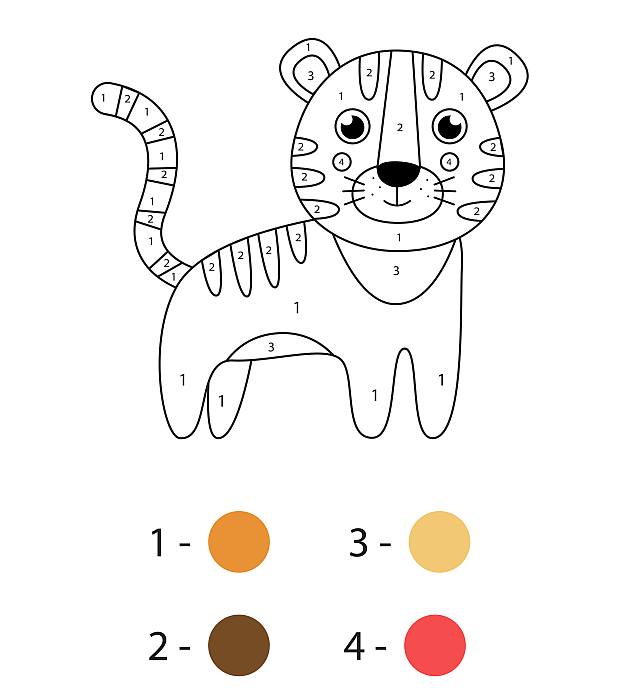 Раскраска по цифрам для детей 5-7 лет, тигр