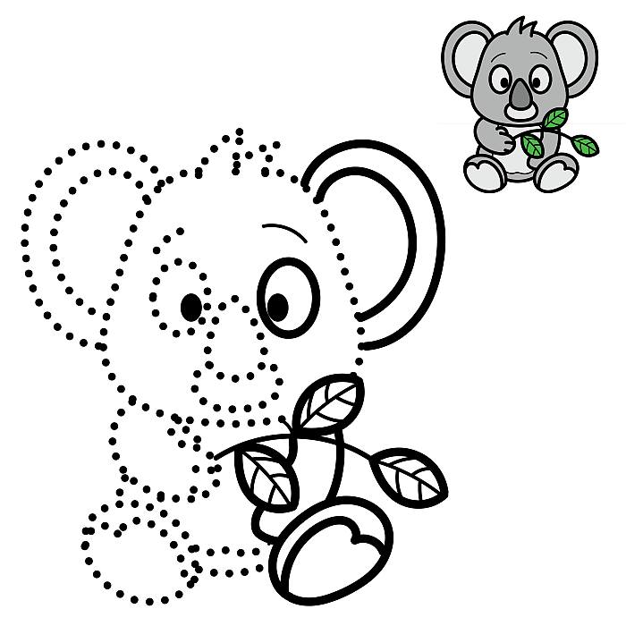 Раскраска Обведи точки и раскрась для детей 5-7 лет, коала