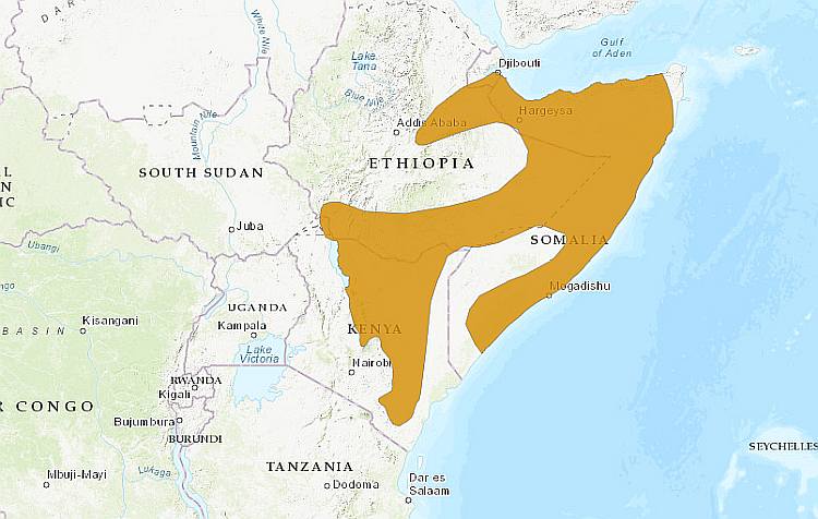 Сомалийский страус (лат. Struthio molybdophanes), ареал карта распространение