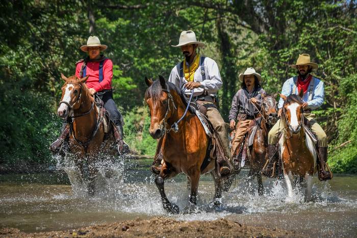 Ковбои переправляются на лошадях по реке, фото фотография