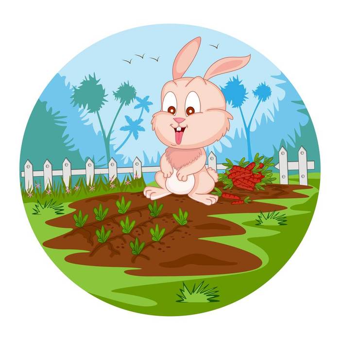 Заяц кролик ворует морковку на огороде, рисунок иллюстрация