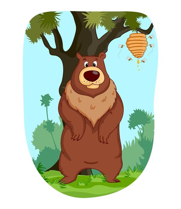 Медведь караулит пчел у дерева, смешной рисунок картинка