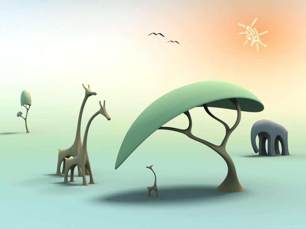 Жирафы и слон 3D, прикольный рисунок смешная картинка