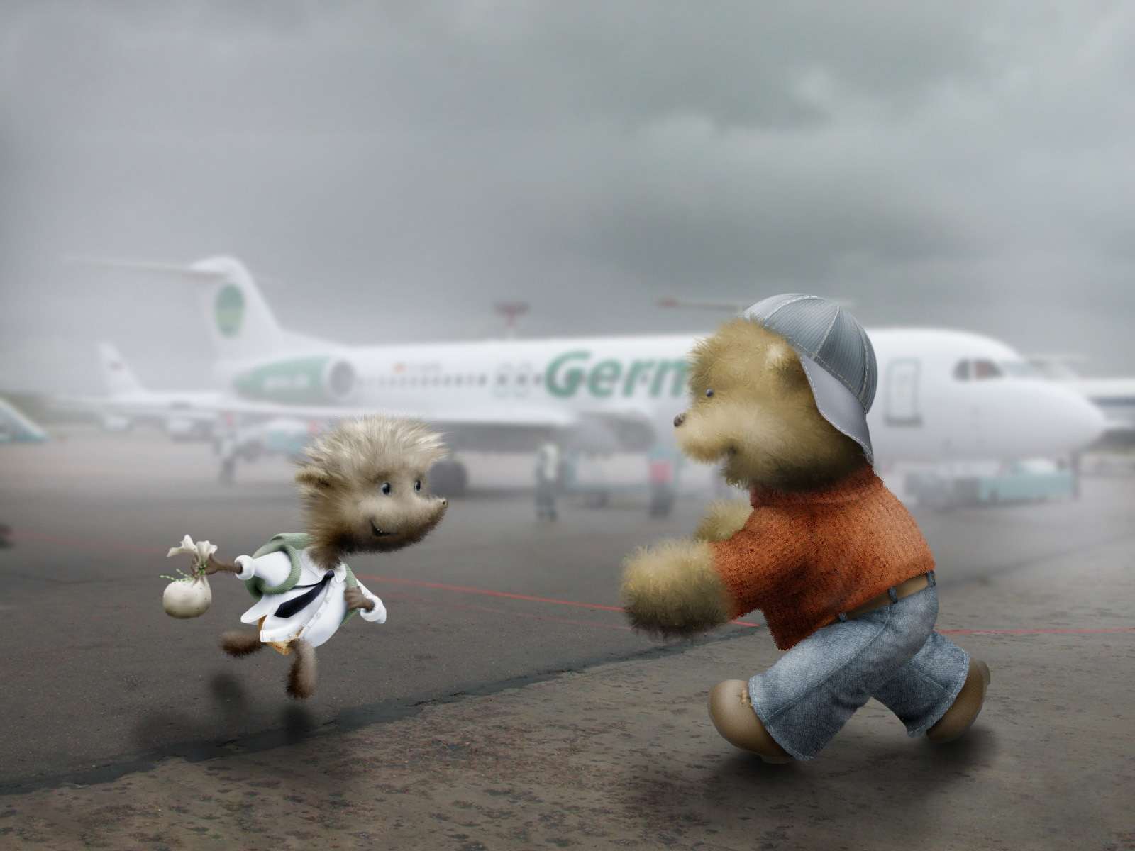 Медвежонок встречает ежика в аэропорту, прикольный рисунок смешная картинка для детей