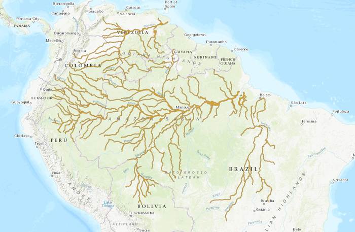 Амазонский речной дельфин (Inia geoffrensis), ареал карта распространения